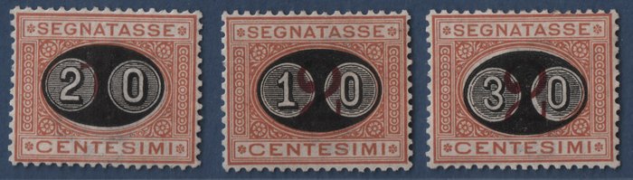 Italien Kongerige 1891 - Overtrykte 3v skattepoststempler MNH MASKS** luksuskvalitet - Sassone N. 17/19