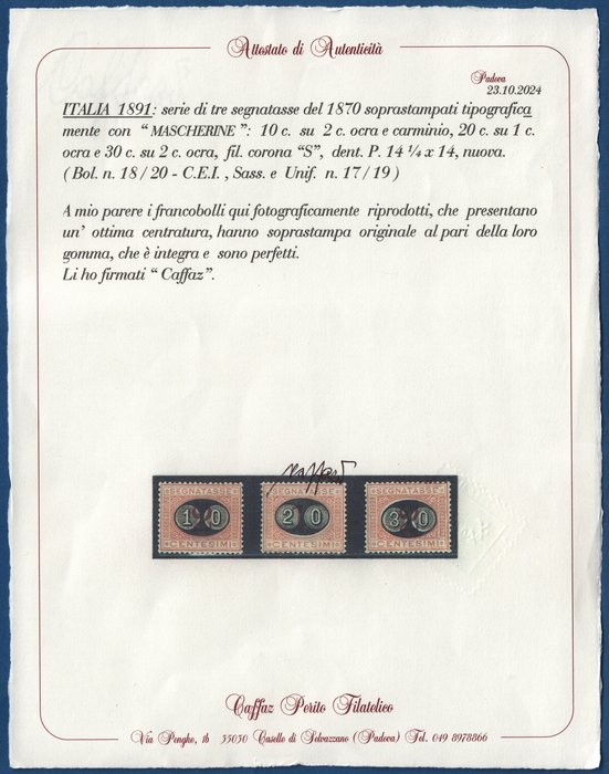 Italien Kongerige 1891 - Overtrykte 3v skattepoststempler MNH MASKS** luksuskvalitet - Sassone N. 17/19