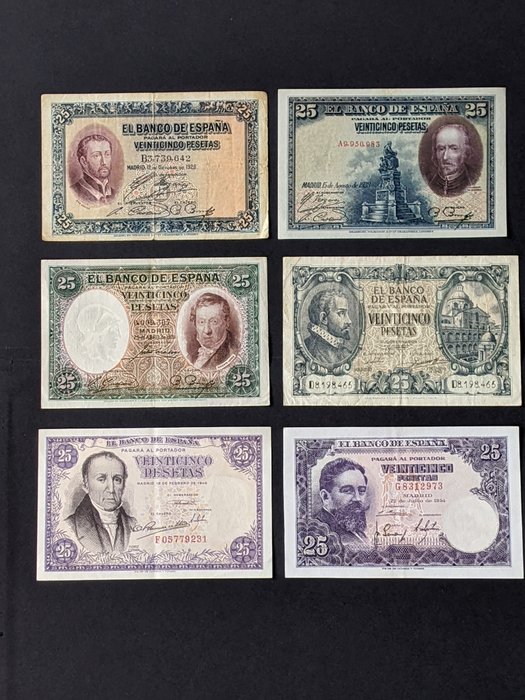 Spanien. - 6 x 25 pesetas - various dates - EDIFIL: 325a - 353 - 358 - 436a - 450a - 467a  (Ingen mindstepris)