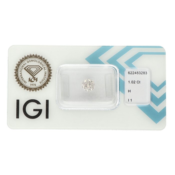 Ingen mindstepris - 1 pcs Diamant  (Natur)  - 1.02 ct - Rund - H - I1 - International Gemological Institute (IGI)