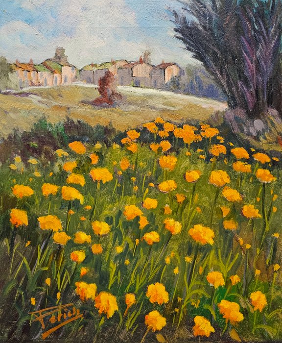 French Impressionist School (XX) - Field of Marigolds in Spring