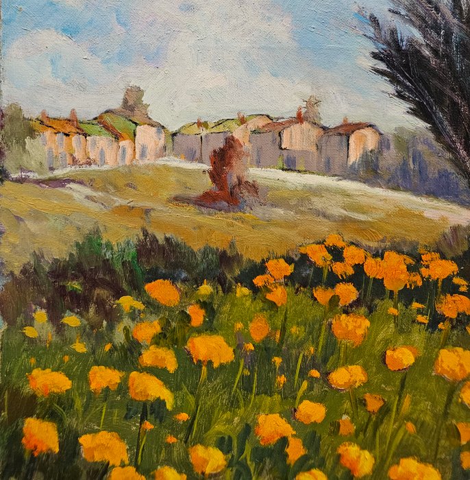 French Impressionist School (XX) - Field of Marigolds in Spring