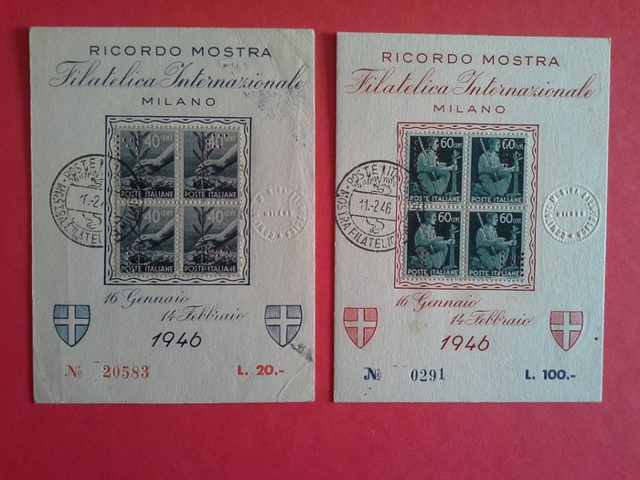 Den Italienske Republik 1946 - Souvenir International Philatelic Exhibition-Milano 1946 40cent+60cent Meget sjælden