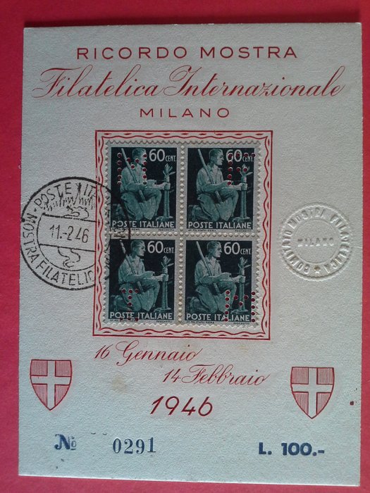 Den Italienske Republik 1946 - Souvenir International Philatelic Exhibition-Milano 1946 40cent+60cent Meget sjælden