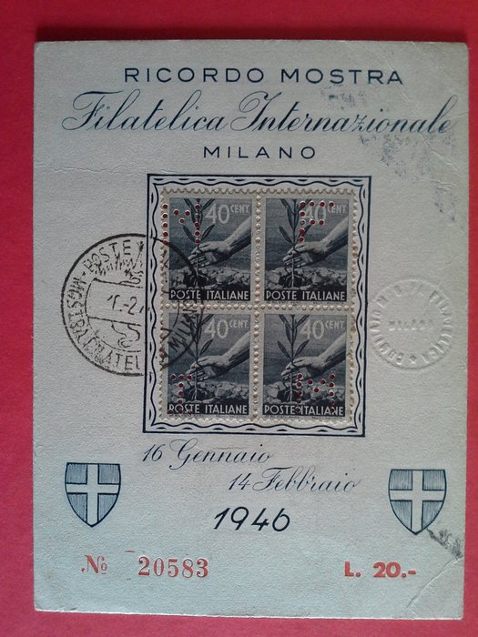 Den Italienske Republik 1946 - Souvenir International Philatelic Exhibition-Milano 1946 40cent+60cent Meget sjælden