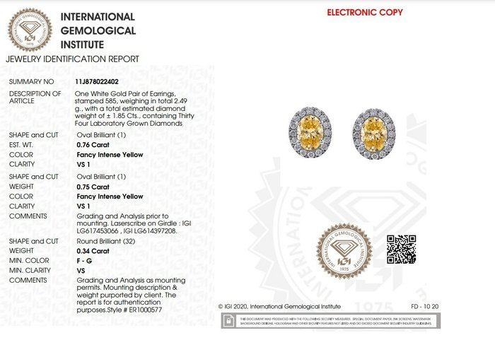 Øreringe - 14 karat Hvidguld -  1.85ct. tw. - Diamant