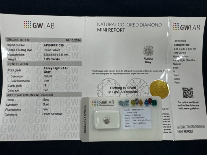 Ingen mindstepris - 1 pcs Diamant  (Naturfarvet)  - 1.03 ct - Rund - Fancy light Grå - I1 - Gemewizard Gemological Laboratory (GWLab)