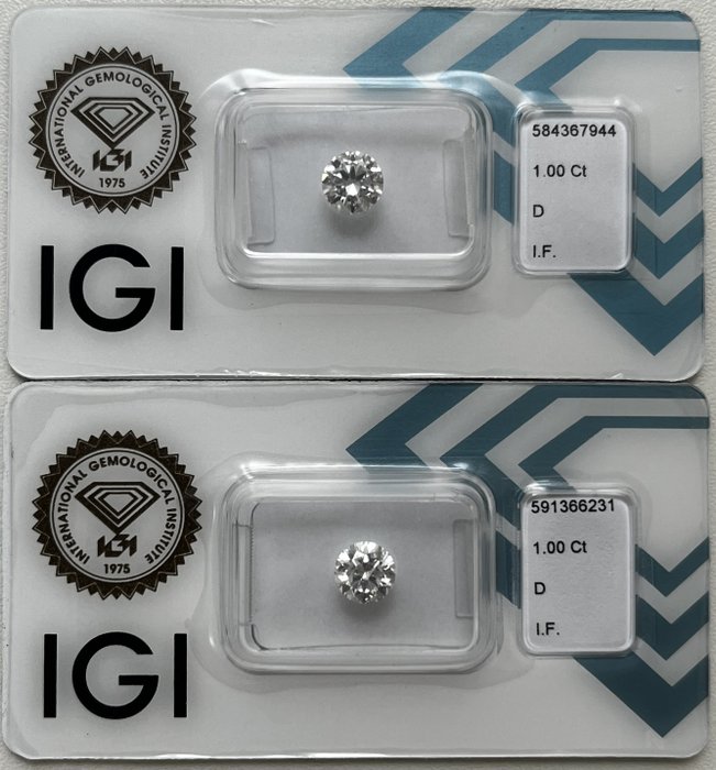 2 pcs Diamant  (Natur)  - 2.00 ct - Rund - D (farveløs) - IF - International Gemological Institute (IGI)