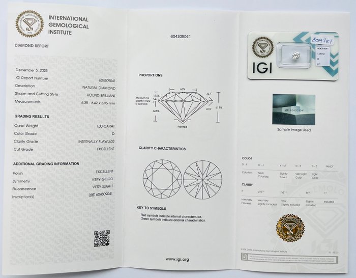 1 pcs Diamant  (Natur)  - 1.00 ct - Rund - D (farveløs) - IF - International Gemological Institute (IGI)