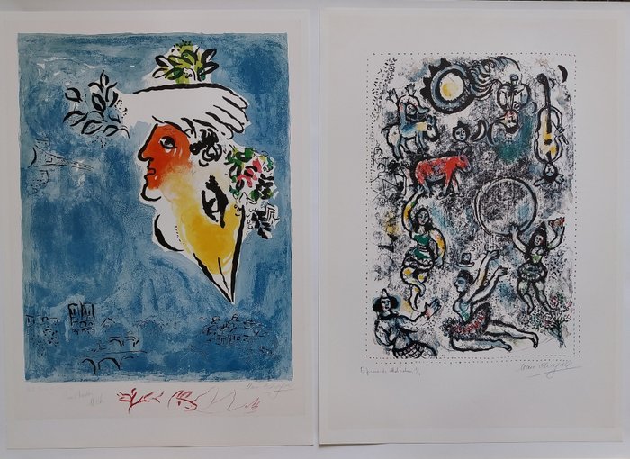 Marc Chagall, (after) - 2 Poster : Le Ciel Bleu Paris 1964 und Les Saltimbanques 1969