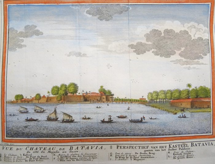 Indonesien - Jakarta, Batavia, Batavia Slot; J. van der Schley / Prévost d´Exiles - Vüe du Chateau de Batavia du Côte du Magasin au Sucre / Perspectief van het Kasteel Batavia gezien.. - 1751-1760