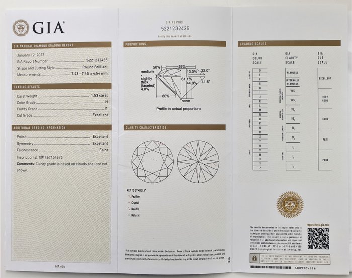 1 pcs Diamant  (Natur)  - 1.53 ct - N (tonet) - I1 - Gemological Institute of America (GIA)