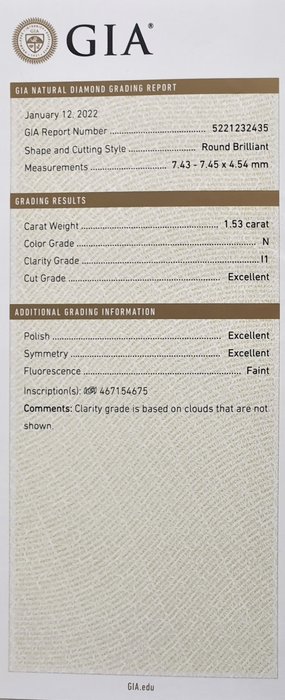 1 pcs Diamant  (Natur)  - 1.53 ct - N (tonet) - I1 - Gemological Institute of America (GIA)