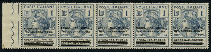 Italien 1924 - Parastatals 1 lire, strimmel af 5 eksemplarer med overtryk flyttet nedad og skråt. Smukt - Sassone N. 75baa Catalogo € 2250