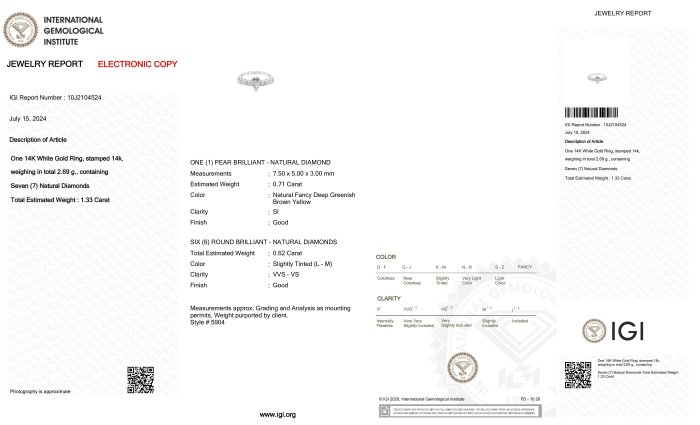 Ring - 14 karat Hvidguld -  1.33ct. tw. Diamant (Naturfarvet) - Diamant