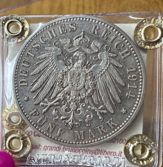 Tyskland, Sachsen. Friedrich II. (1904-1918). 5 Mark 1914 E