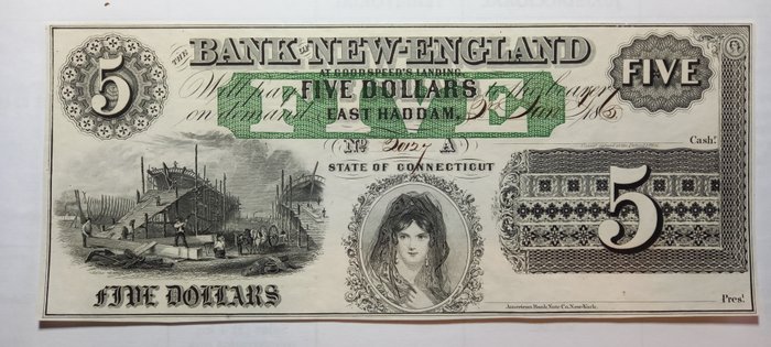 Förenta staterna. - Obsolete Currency - 5 Dollars 1865 - Bank of New-England - Remainder  (Ingen mindstepris)