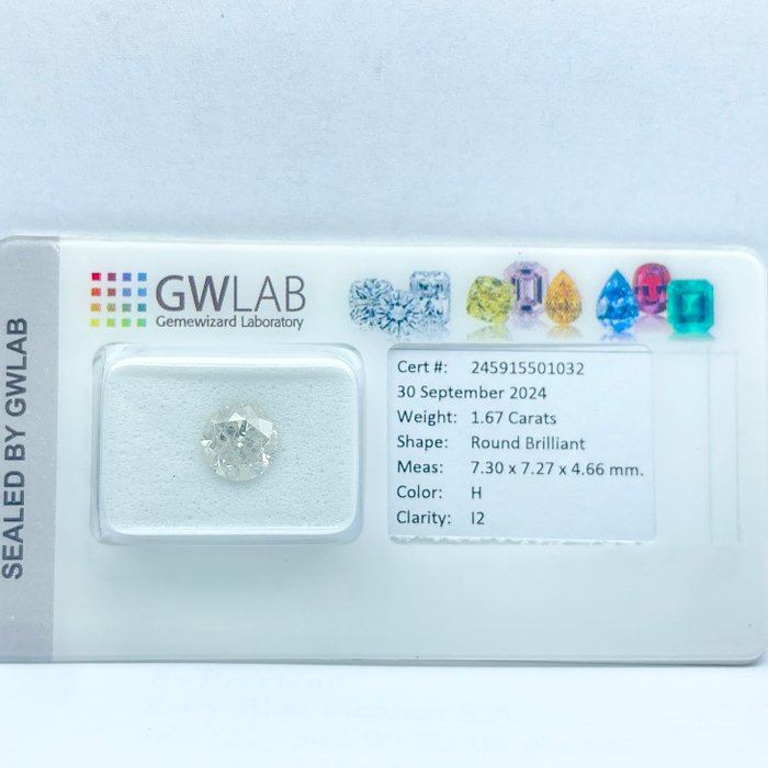 Ingen mindstepris - 1 pcs Diamant  (Natur)  - 1.67 ct - Rund - H - I2 - Gemewizard Gemological Laboratory (GWLab)