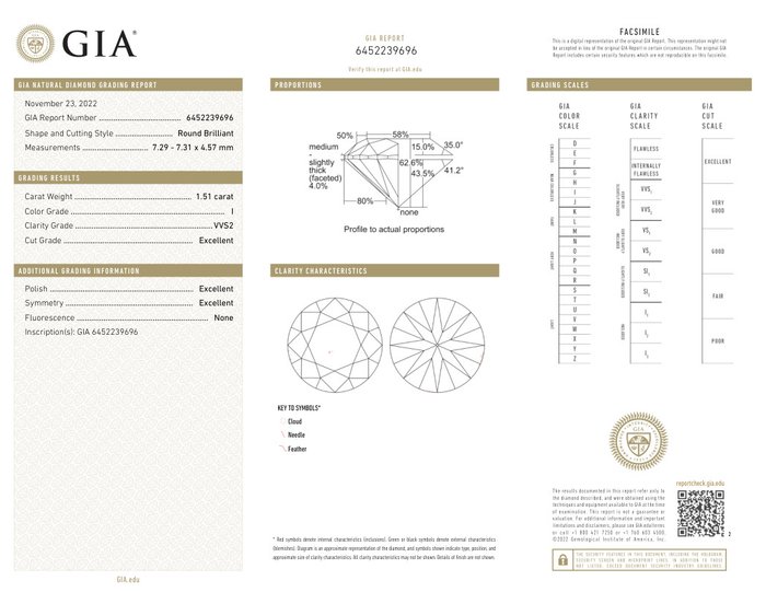 1 pcs Diamant  (Natur)  - 1.51 ct - Rund - I - VVS2 - Gemological Institute of America (GIA)