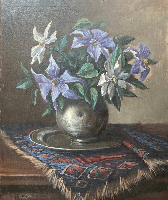 Teunis Ooms (1906-1999) - Flower in a pewter vase on a persian rug on the table