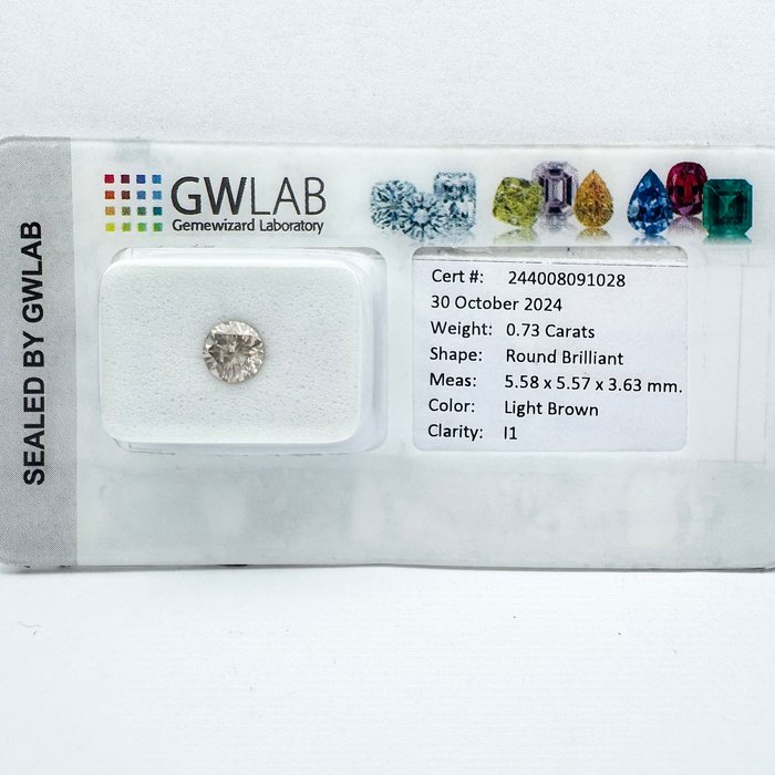 Ingen mindstepris - 1 pcs Diamant  (Naturfarvet)  - 0.73 ct - Rund - Light Brun - I1 - Gemewizard Gemological Laboratory (GWLab)