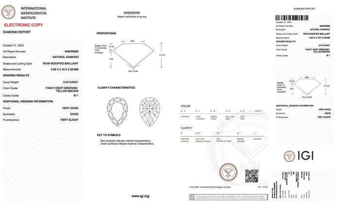 Ingen mindstepris - 1 pcs Diamant  (Naturfarvet)  - 0.43 ct - Pære - Fancy deep Grønlig, Gul Brun - SI1 - International Gemological Institute (IGI)