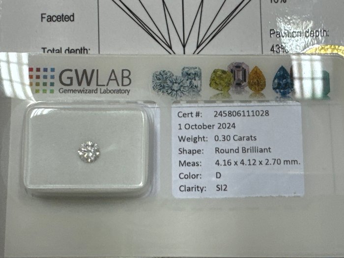 Ingen mindstepris - 1 pcs Diamant  (Natur)  - 0.30 ct - Rund - D (farveløs) - SI2 - Gemewizard Gemological Laboratory (GWLab)