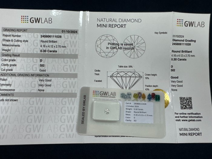 Ingen mindstepris - 1 pcs Diamant  (Natur)  - 0.30 ct - Rund - D (farveløs) - SI2 - Gemewizard Gemological Laboratory (GWLab)