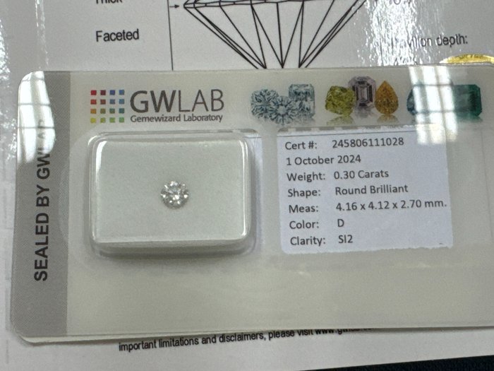 Ingen mindstepris - 1 pcs Diamant  (Natur)  - 0.30 ct - Rund - D (farveløs) - SI2 - Gemewizard Gemological Laboratory (GWLab)