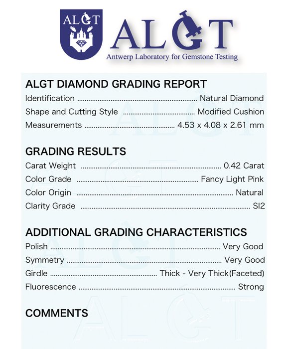 1 pcs Diamant  (Naturfarvet)  - 0.42 ct - Pude - Fancy light Lyserød - SI2 - Antwerp Laboratory for Gemstone Testing (ALGT)