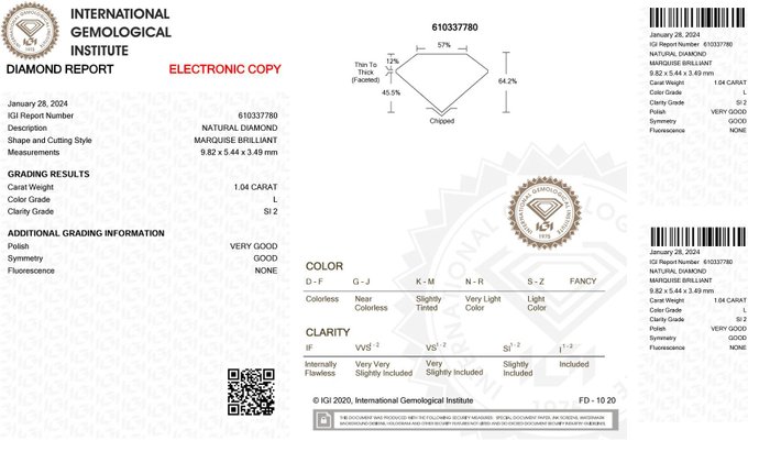 1 pcs Diamant  (Natur)  - 1.04 ct - Marquise - L - SI2 - International Gemological Institute (IGI)