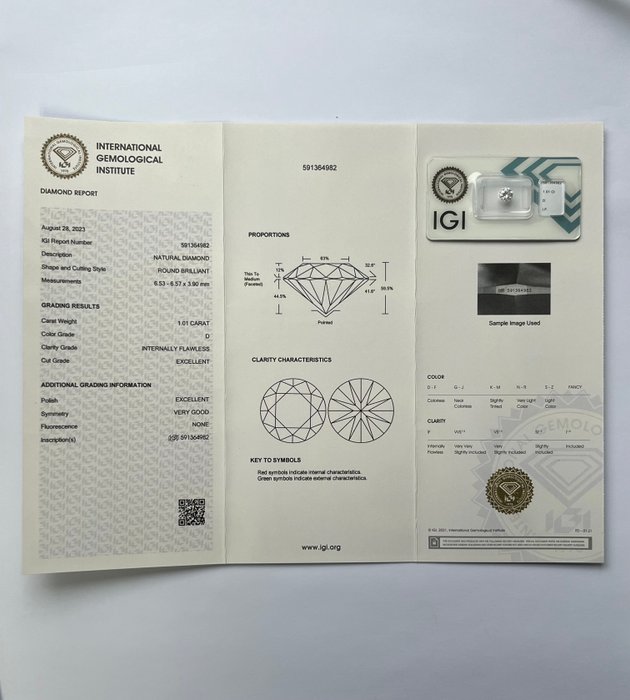 1 pcs Diamant  (Natur)  - 1.01 ct - Rund - D (farveløs) - IF - International Gemological Institute (IGI) - Ex Ex Vg Ingen