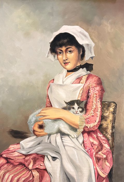 European school (XX) - Lady portrait with cat