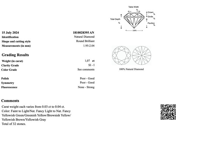 Ingen mindstepris - 32 pcs Diamant  (Naturfarvet)  - 1.07 ct - Rund - I3, SI1 - Gem Report Antwerp (GRA)