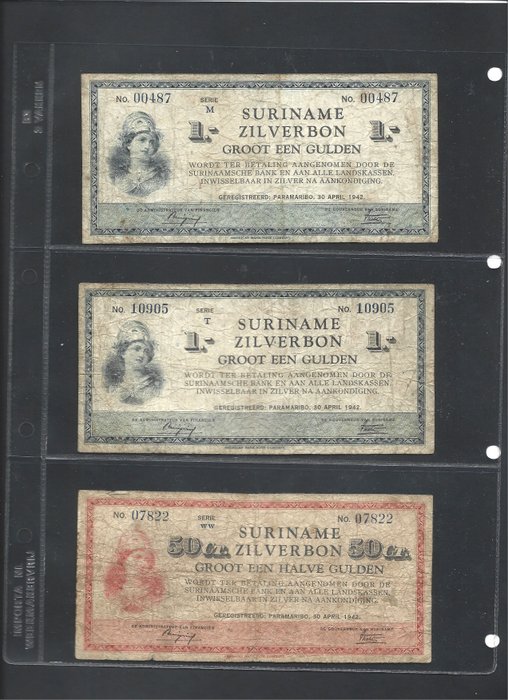 Surinam. - 3 banknotes 1942  (Ingen mindstepris)