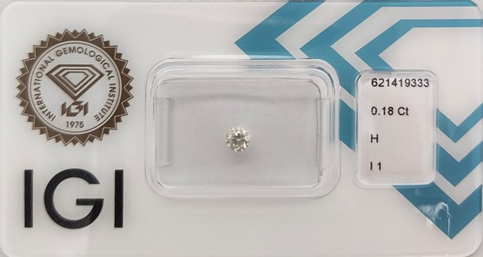 Ingen mindstepris - 1 pcs Diamant  (Natur)  - 0.18 ct - Rund - H - I1 - International Gemological Institute (IGI)