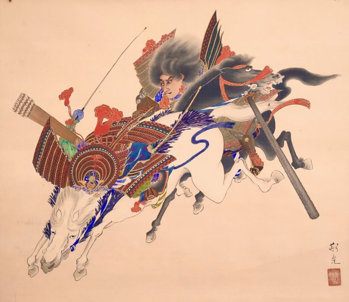 Samurai on Horseback 侍 - Asahina Yoshihide 朝比奈義秀 - Hanging scrol - Ukendt kunstner - Japan  (Ingen mindstepris)