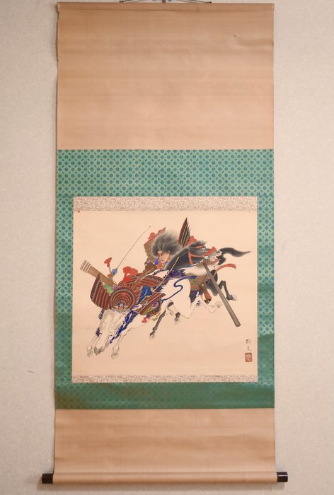 Samurai on Horseback 侍 - Asahina Yoshihide 朝比奈義秀 - Hanging scrol - Ukendt kunstner - Japan  (Ingen mindstepris)