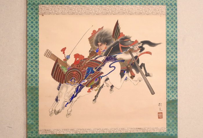 Samurai on Horseback 侍 - Asahina Yoshihide 朝比奈義秀 - Hanging scrol - Ukendt kunstner - Japan  (Ingen mindstepris)