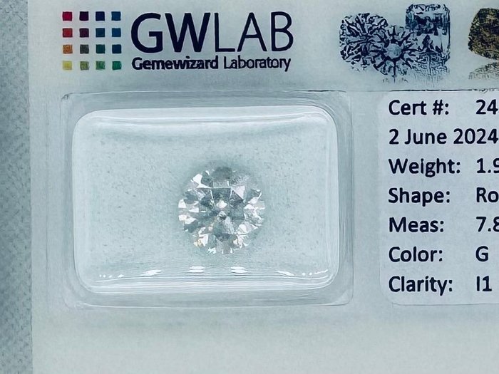 1 pcs Diamant  (Natur)  - 1.92 ct - Rund - G - I1 - Gemewizard Gemological Laboratory (GWLab)