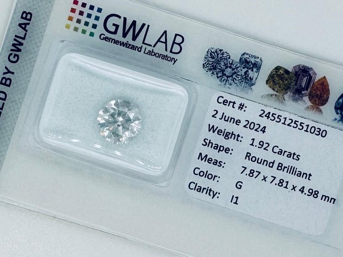 1 pcs Diamant  (Natur)  - 1.92 ct - Rund - G - I1 - Gemewizard Gemological Laboratory (GWLab)