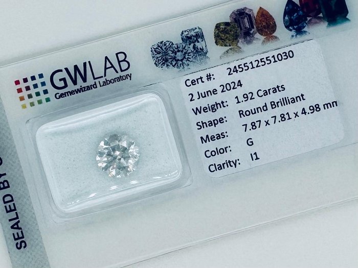 1 pcs Diamant  (Natur)  - 1.92 ct - Rund - G - I1 - Gemewizard Gemological Laboratory (GWLab)