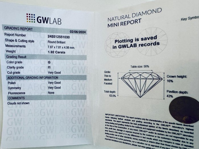 1 pcs Diamant  (Natur)  - 1.92 ct - Rund - G - I1 - Gemewizard Gemological Laboratory (GWLab)