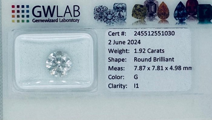 1 pcs Diamant  (Natur)  - 1.92 ct - Rund - G - I1 - Gemewizard Gemological Laboratory (GWLab)