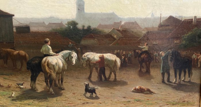 J.M Vrolijk (1845-1894) - Paardenmarkt op dorpsplein