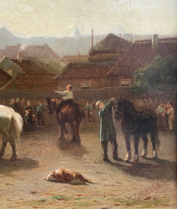 J.M Vrolijk (1845-1894) - Paardenmarkt op dorpsplein