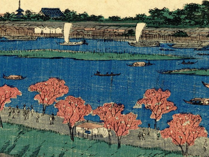 Mimeguri Embankment on the Sumida River - From the series 'Famous Places in Edo' 江戸名所 - 1854 - Utagawa Hiroshige (1797-1858) - Japan -  Sene Edo-periode