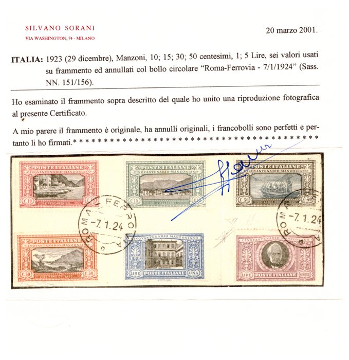 Italien Kongerige 1923/1923 - Manzoni komplet serie annulleret på fragment 2 certifikater - Sassone 151-156