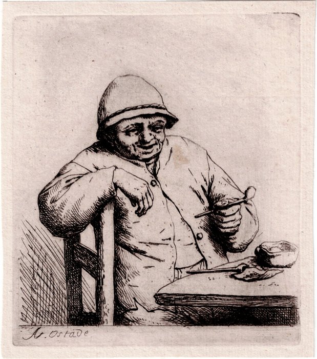 Adriaen van Ostade (1610-1685) - A man seated at a table, holding a pipe- Original