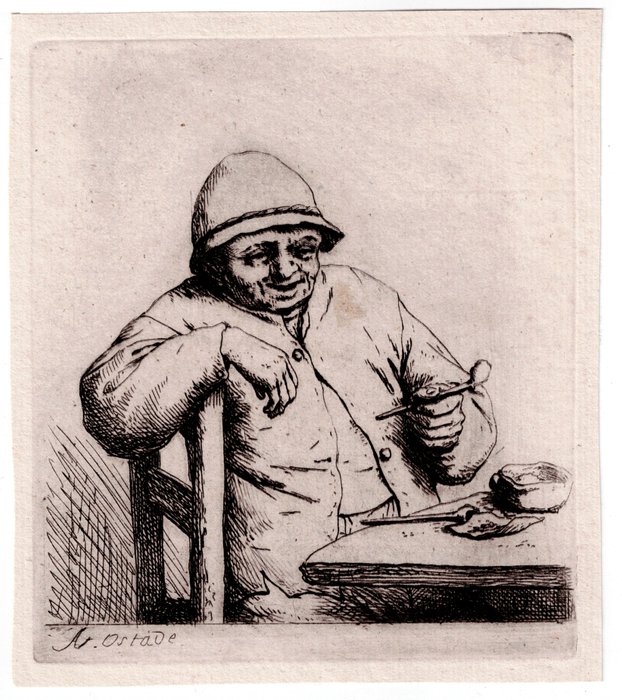 Adriaen van Ostade (1610-1685) - A man seated at a table, holding a pipe- Original